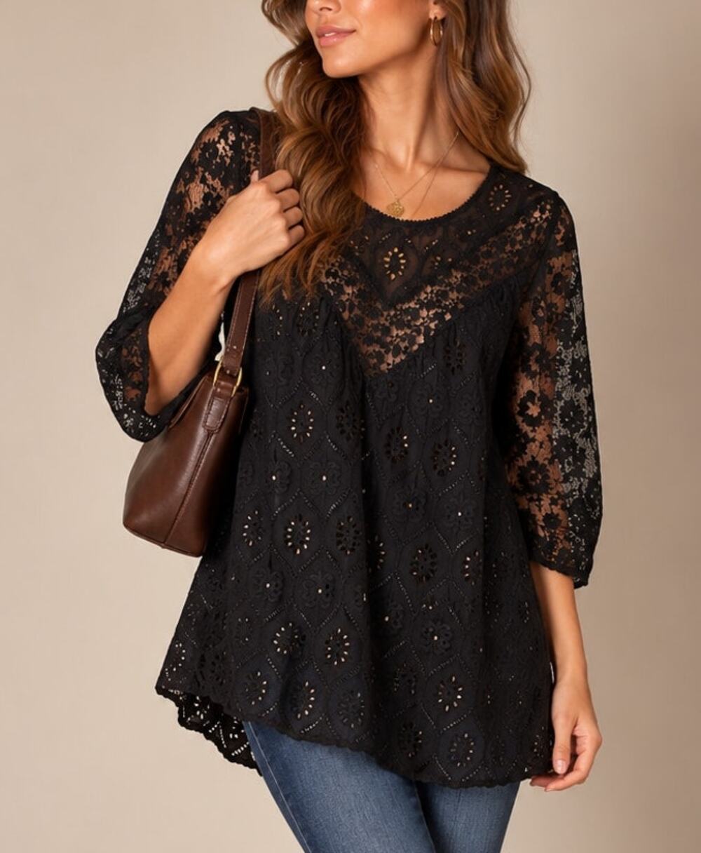 Anthropologie Fleur Wood Womens Sheer Lace Eyelet Top S Black Goth Boho Fall